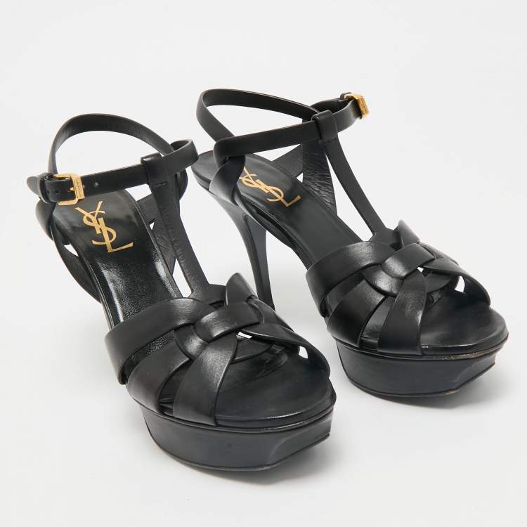 Pre Owned Saint Laurent Black Leather Tribute Platform Sandals Size 37.5
