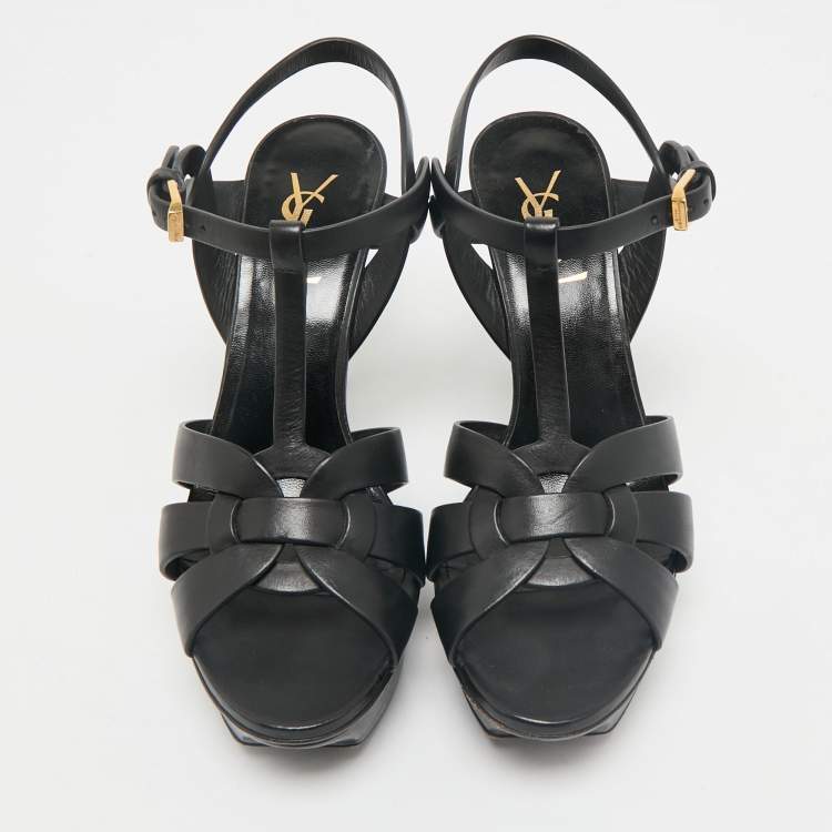 Pre Owned Saint Laurent Black Leather Tribute Platform Sandals Size 37.5