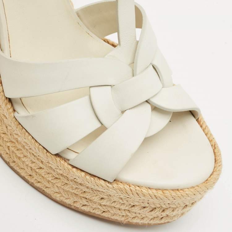 Pre Owned Saint Laurent White Leather Tribute Wedge Platform Espadrille Sandals Size 37