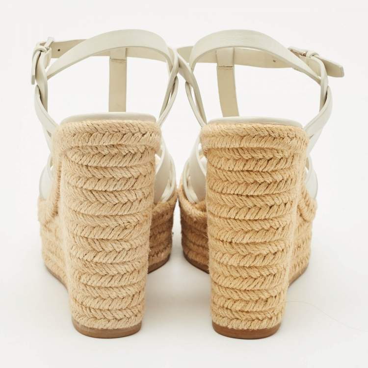 Pre Owned Saint Laurent White Leather Tribute Wedge Platform Espadrille Sandals Size 37
