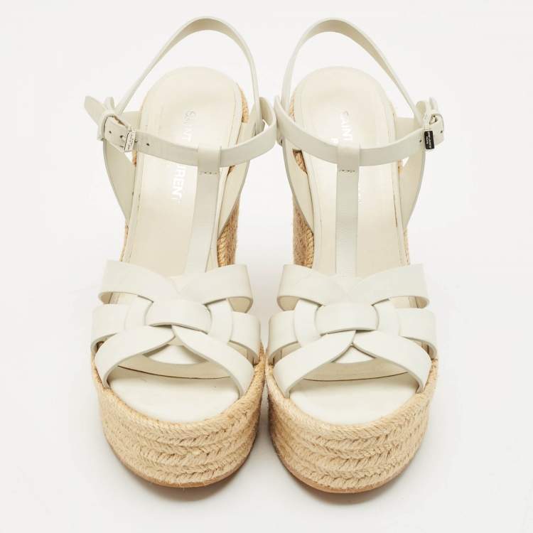 Pre Owned Saint Laurent White Leather Tribute Wedge Platform Espadrille Sandals Size 37
