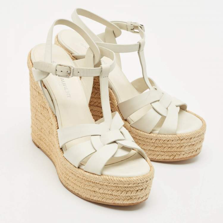 Pre Owned Saint Laurent White Leather Tribute Wedge Platform Espadrille Sandals Size 37
