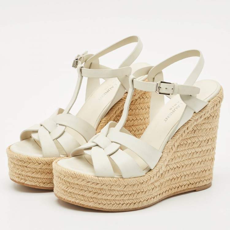 Pre Owned Saint Laurent White Leather Tribute Wedge Platform Espadrille Sandals Size 37