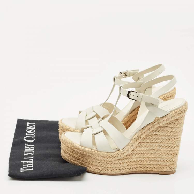 Pre Owned Saint Laurent White Leather Tribute Wedge Platform Espadrille Sandals Size 37
