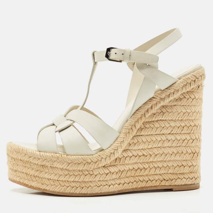 Pre Owned Saint Laurent White Leather Tribute Wedge Platform Espadrille Sandals Size 37