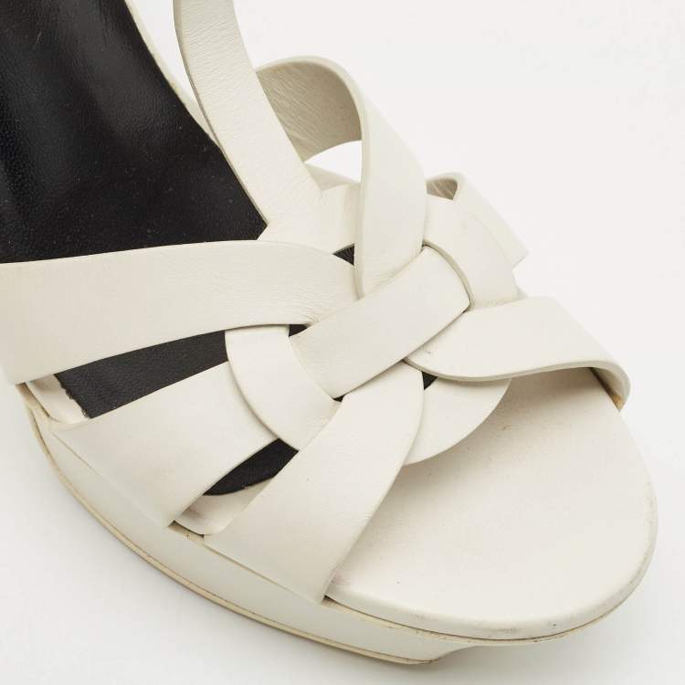 مملوكة مسبقًا Saint Laurent White Leather Tribute Ankle Strap Sandals Size 37.5