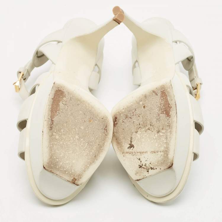 مملوكة مسبقًا Saint Laurent White Leather Tribute Ankle Strap Sandals Size 37.5