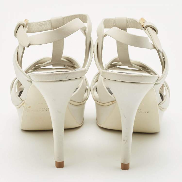 مملوكة مسبقًا Saint Laurent White Leather Tribute Ankle Strap Sandals Size 37.5
