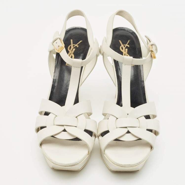 مملوكة مسبقًا Saint Laurent White Leather Tribute Ankle Strap Sandals Size 37.5