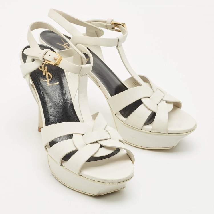 مملوكة مسبقًا Saint Laurent White Leather Tribute Ankle Strap Sandals Size 37.5