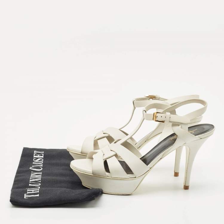 مملوكة مسبقًا Saint Laurent White Leather Tribute Ankle Strap Sandals Size 37.5