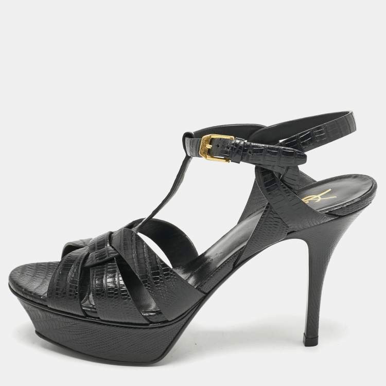 Pre Owned Saint Laurent Black Lizard Embossed Leather Tribute Platform Sandals Size 37.5