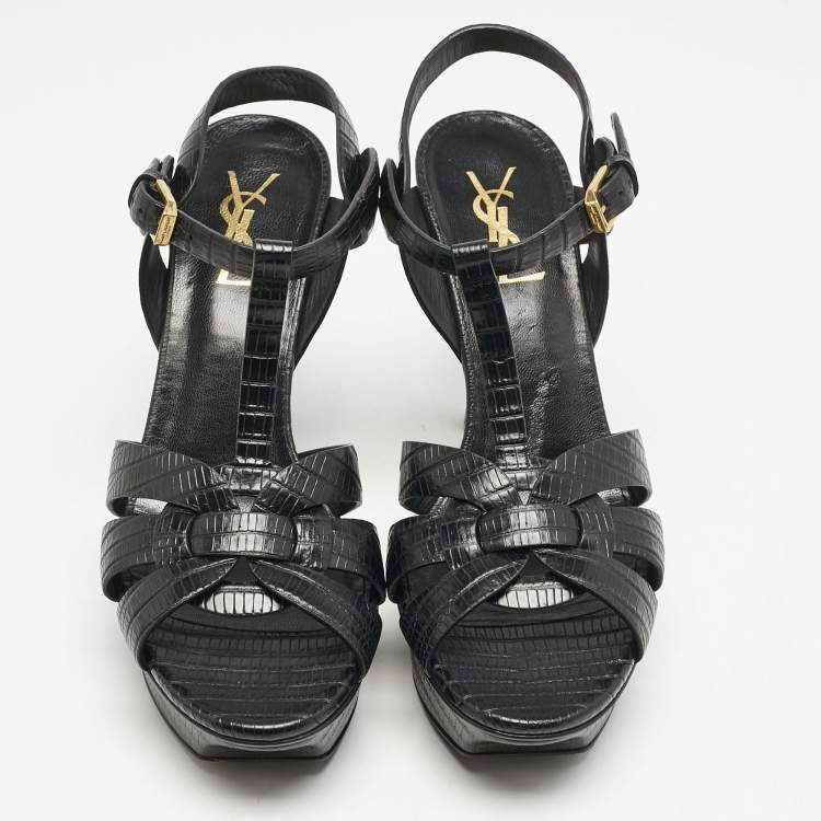 Pre Owned Saint Laurent Black Lizard Embossed Leather Tribute Platform Sandals Size 37.5