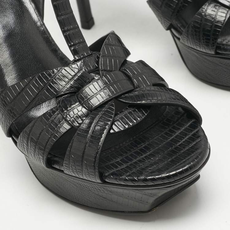 Pre Owned Saint Laurent Black Lizard Embossed Leather Tribute Platform Sandals Size 37.5