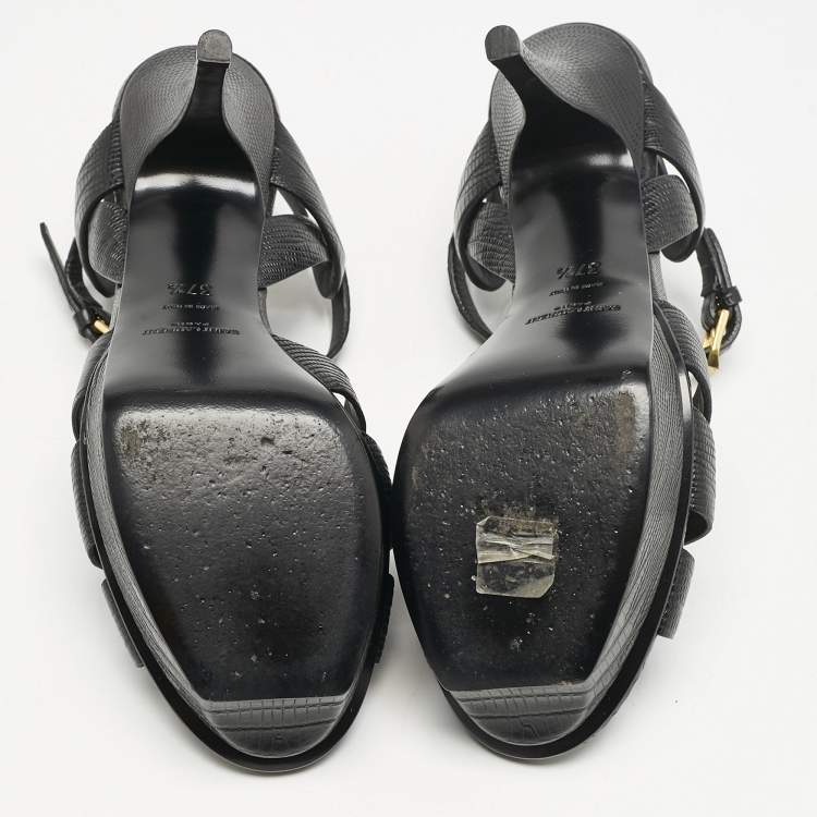 Pre Owned Saint Laurent Black Lizard Embossed Leather Tribute Platform Sandals Size 37.5