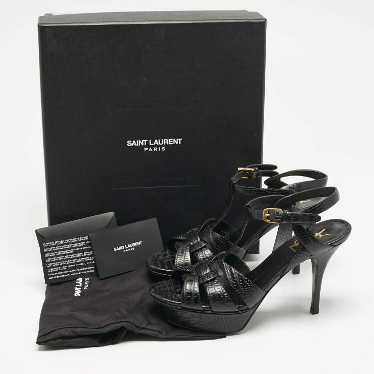 Pre Owned Saint Laurent Black Lizard Embossed Leather Tribute Platform Sandals Size 37.5