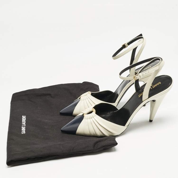 Pre Owned Saint Laurent Cream/Black Leather Anja Pointed Toe Slingback Pumps Size 39