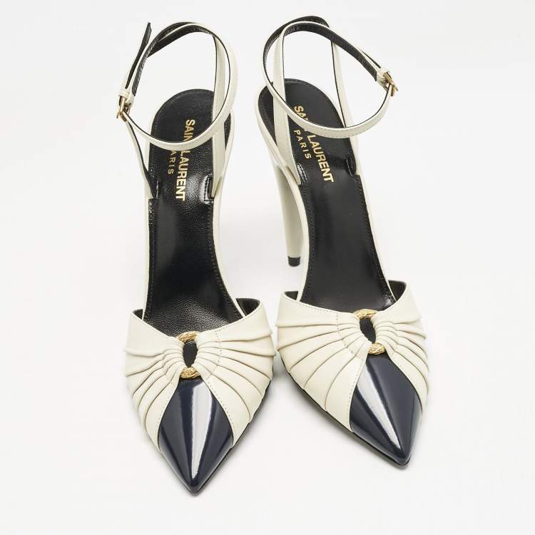 Pre Owned Saint Laurent Cream/Black Leather Anja Pointed Toe Slingback Pumps Size 39