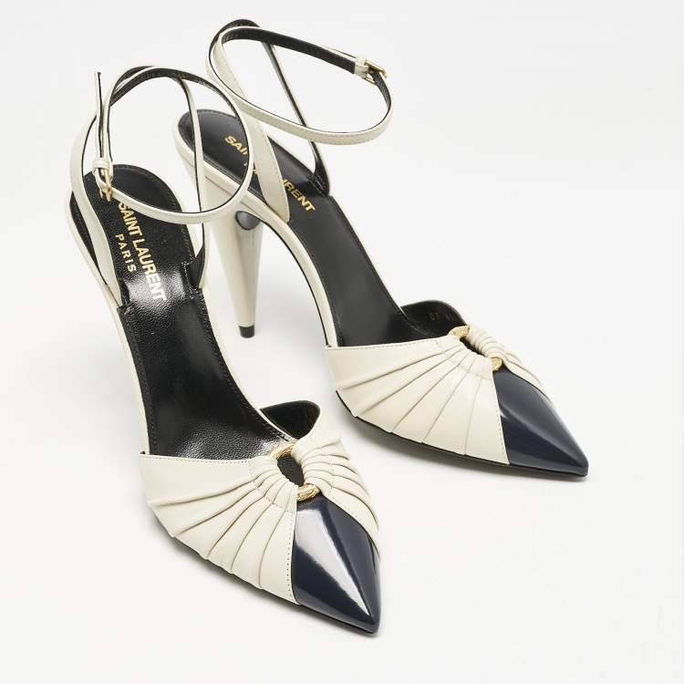 Pre Owned Saint Laurent Cream/Black Leather Anja Pointed Toe Slingback Pumps Size 39