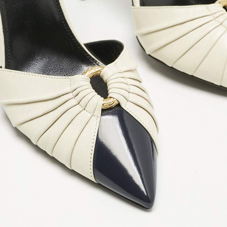 Pre Owned Saint Laurent Cream/Black Leather Anja Pointed Toe Slingback Pumps Size 39