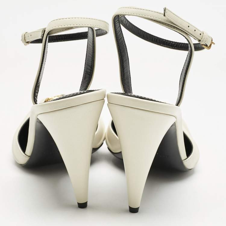 Pre Owned Saint Laurent Cream/Black Leather Anja Pointed Toe Slingback Pumps Size 39