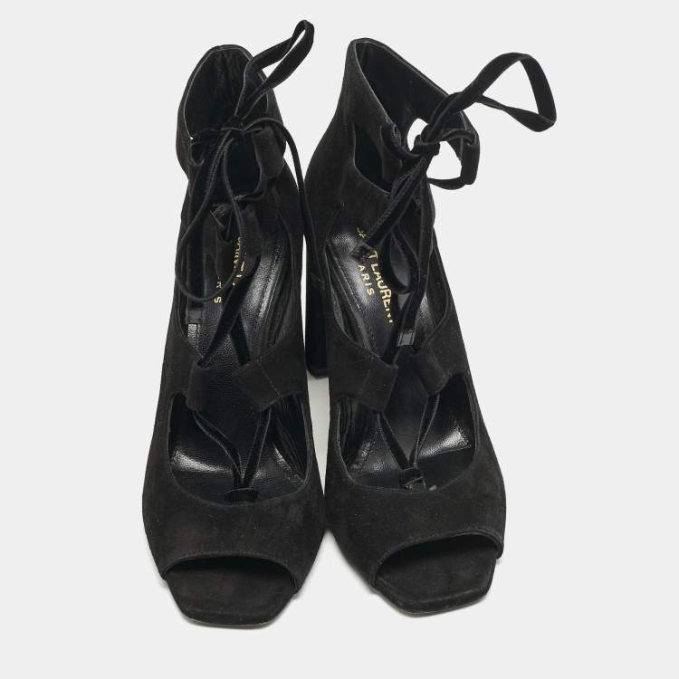 Pre Owned Saint Laurent Black Suede and Velvet Loulou Sandals Size 37