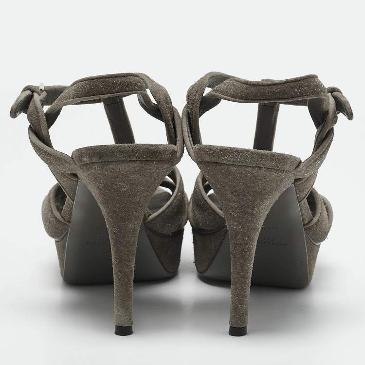 Pre Owned Saint Laurent Grey Suede Tribute Ankle Strap Sandals Size 40