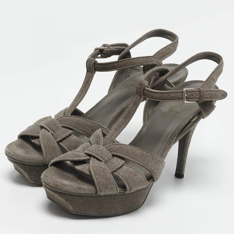 Pre Owned Saint Laurent Grey Suede Tribute Ankle Strap Sandals Size 40