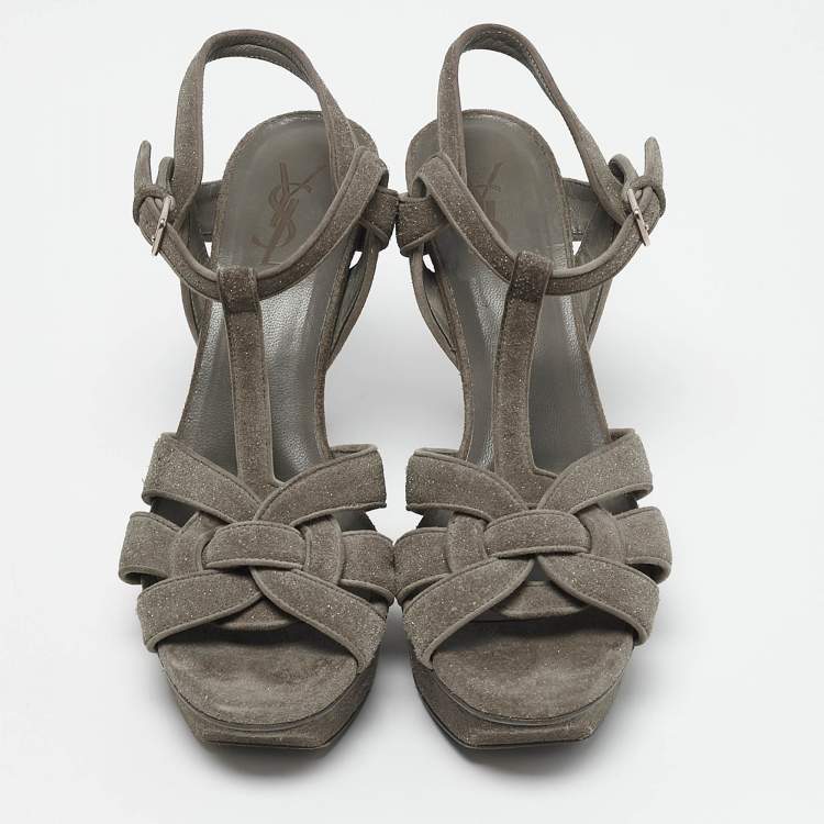 Pre Owned Saint Laurent Grey Suede Tribute Ankle Strap Sandals Size 40