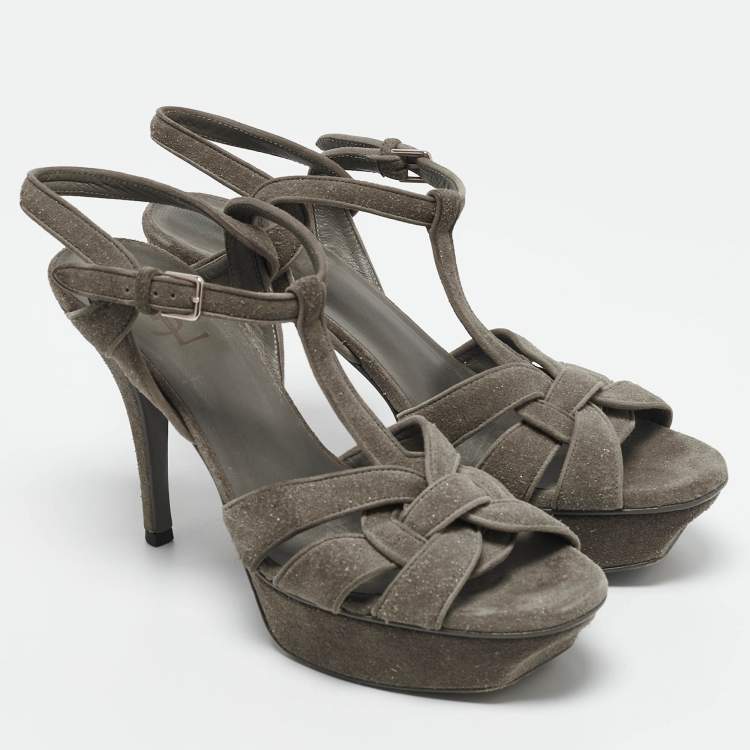 Pre Owned Saint Laurent Grey Suede Tribute Ankle Strap Sandals Size 40