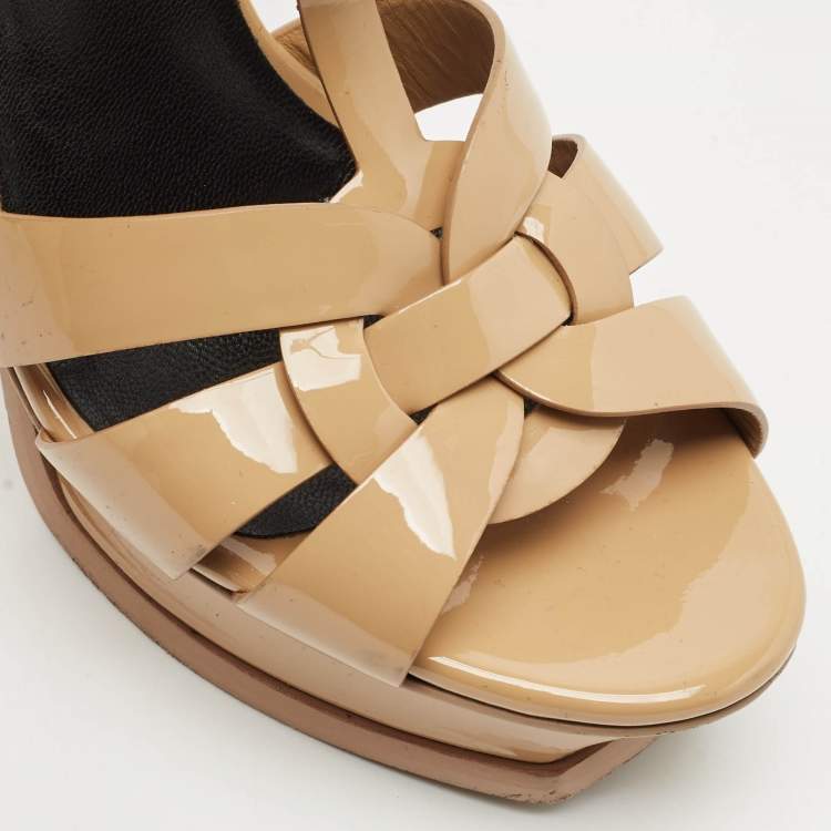 Pre Owned Saint Laurent Beige Patent Leather Tribute Platform Sandals Size 38.5