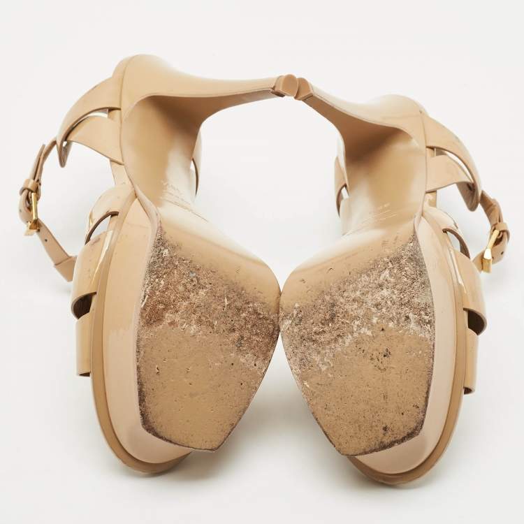 Pre Owned Saint Laurent Beige Patent Leather Tribute Platform Sandals Size 38.5