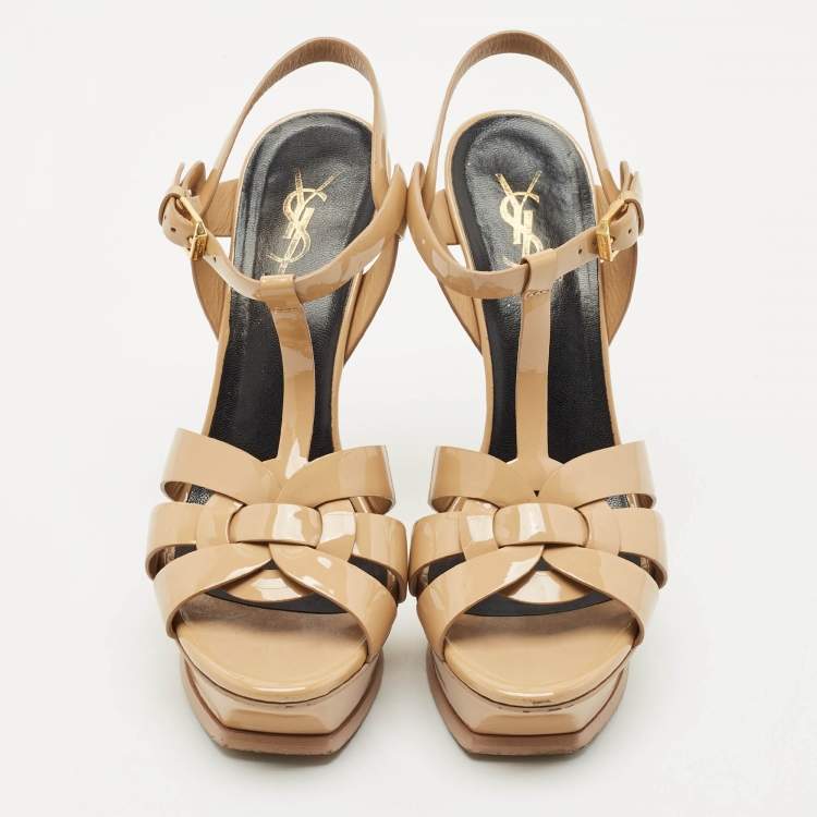 Pre Owned Saint Laurent Beige Patent Leather Tribute Platform Sandals Size 38.5