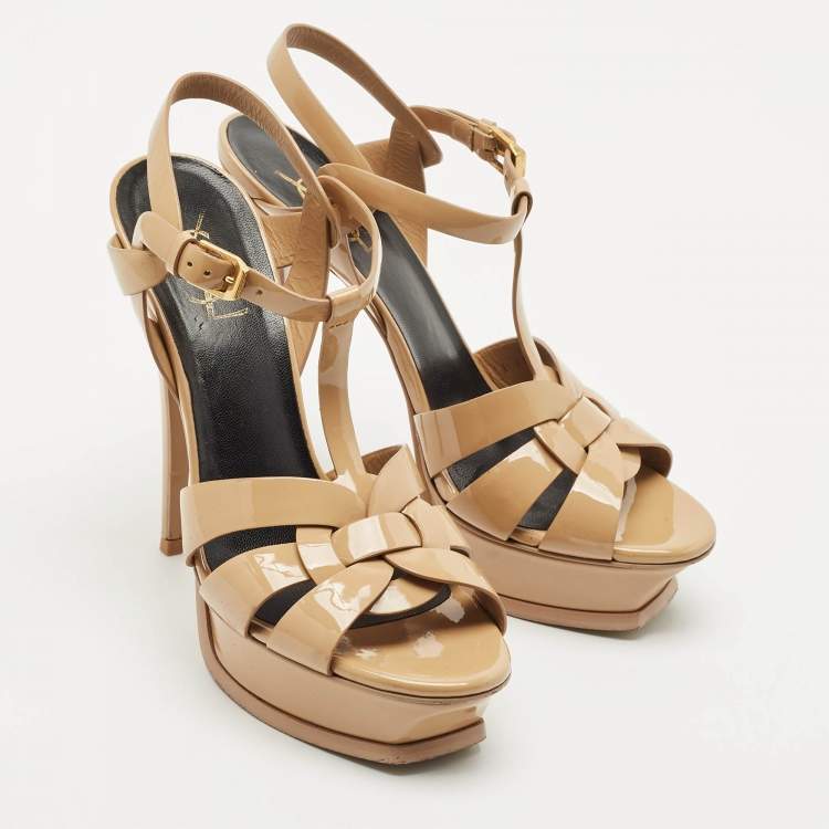 Pre Owned Saint Laurent Beige Patent Leather Tribute Platform Sandals Size 38.5