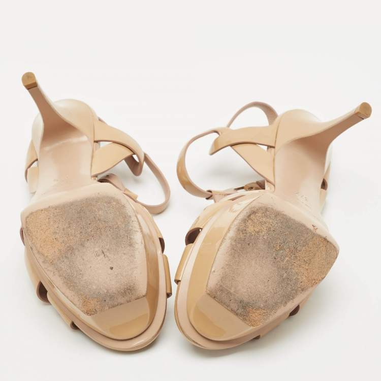 Pre Owned Saint Laurent Beige Patent Leather Tribute Platform Sandals Size 37.5