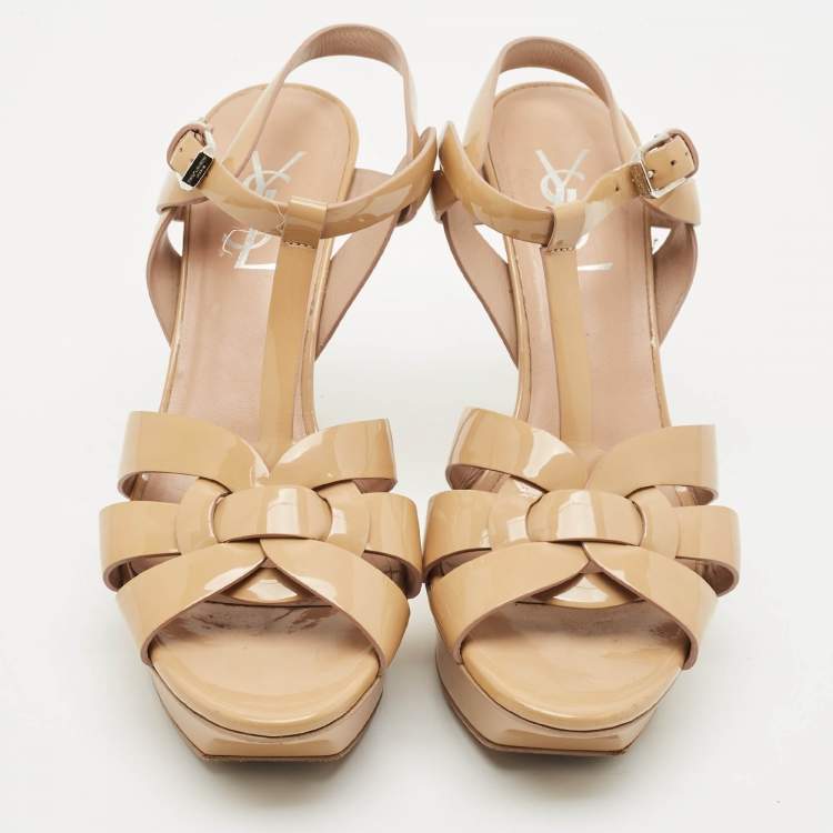 Pre Owned Saint Laurent Beige Patent Leather Tribute Platform Sandals Size 37.5