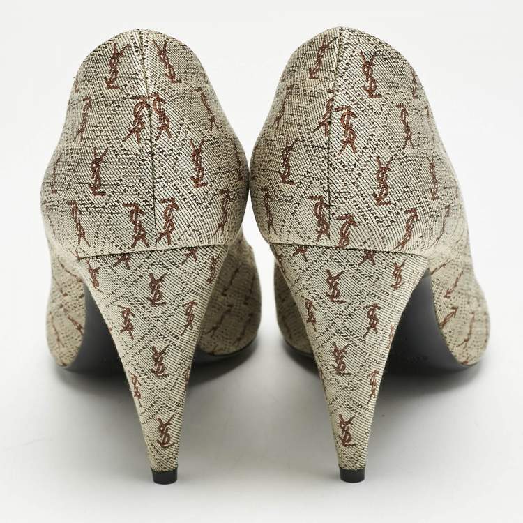 Pre Owned Saint Laurent Brown Monogram Canvas and Leather Lola Cap Toe Pumps Size 39