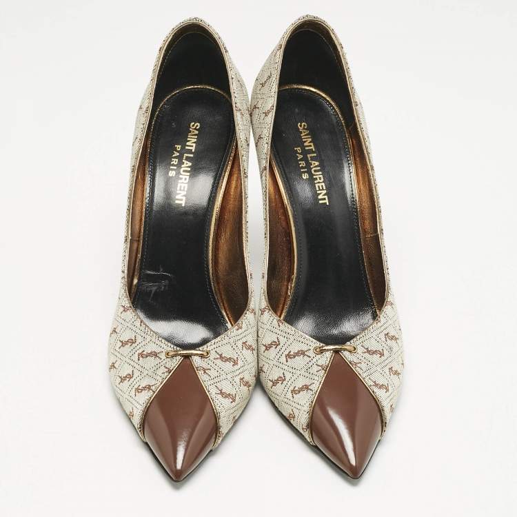 Pre Owned Saint Laurent Brown Monogram Canvas and Leather Lola Cap Toe Pumps Size 39
