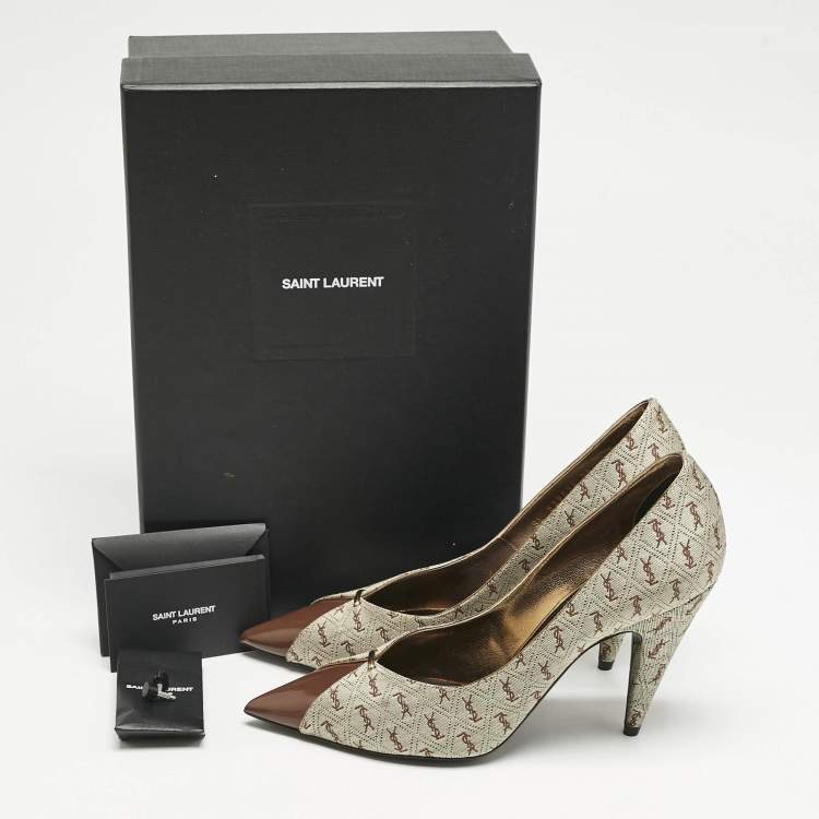 Pre Owned Saint Laurent Brown Monogram Canvas and Leather Lola Cap Toe Pumps Size 39