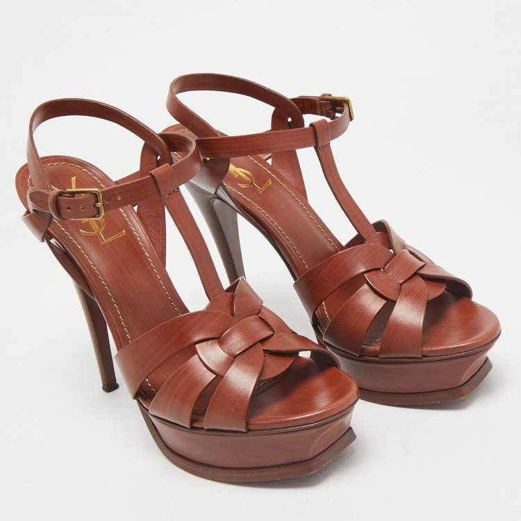 Pre Owned Saint Laurent Brown Leather Tribute Ankle Strap Sandals Size 39.5