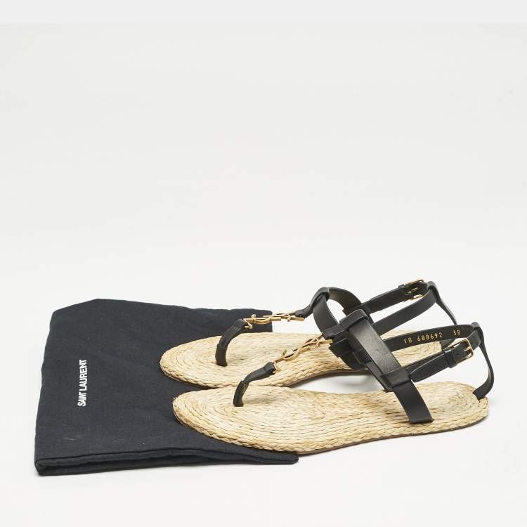 Pre Owned Saint Laurent Black/Beige Leather and Raffia Cassandra Thong Sandals Size 38