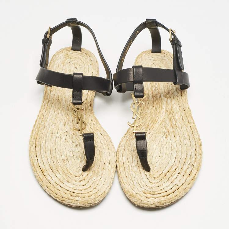 Pre Owned Saint Laurent Black/Beige Leather and Raffia Cassandra Thong Sandals Size 38