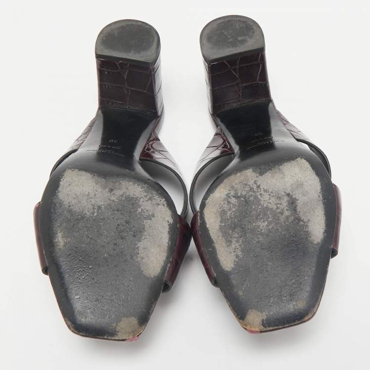 Pre Owned Saint Laurent Burgundy Croc Embossed Leather Loulou Slide Sandals Size 39