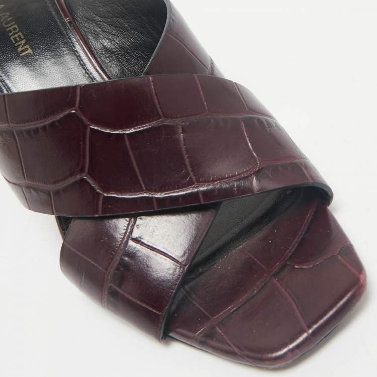 Pre Owned Saint Laurent Burgundy Croc Embossed Leather Loulou Slide Sandals Size 39