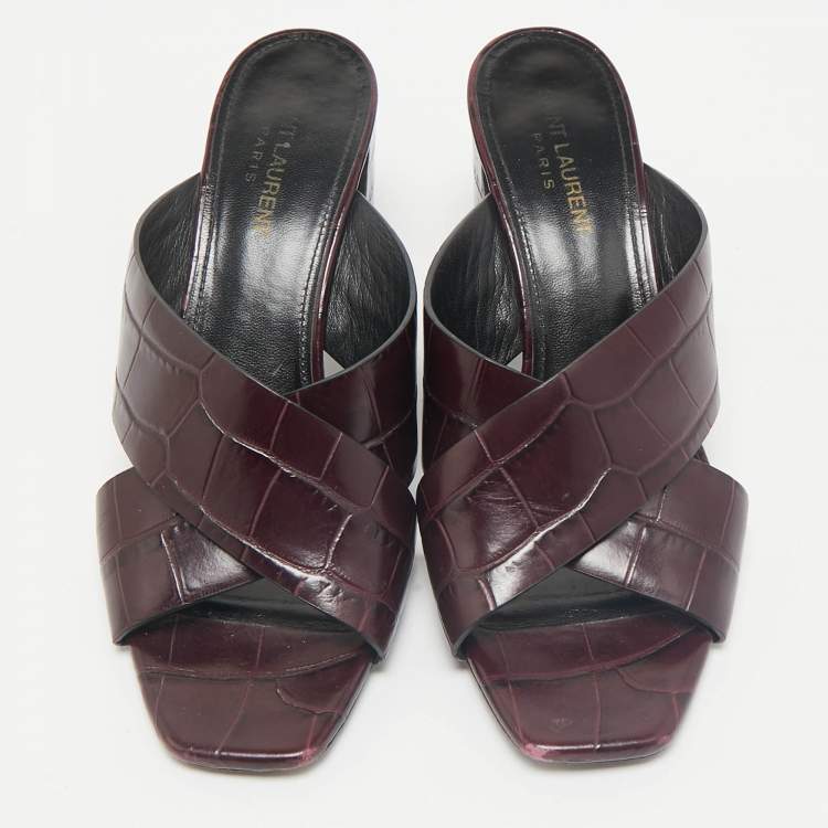 Pre Owned Saint Laurent Burgundy Croc Embossed Leather Loulou Slide Sandals Size 39