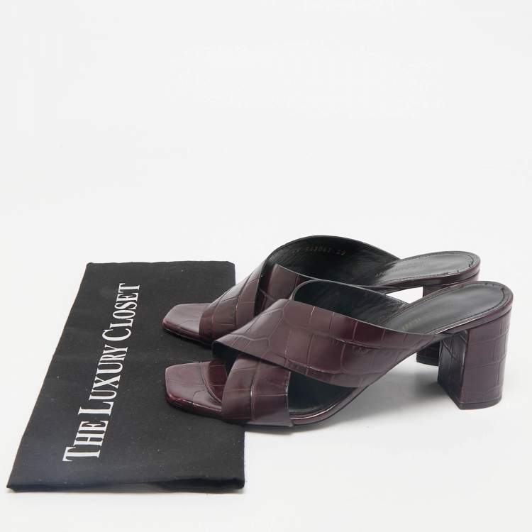 Pre Owned Saint Laurent Burgundy Croc Embossed Leather Loulou Slide Sandals Size 39