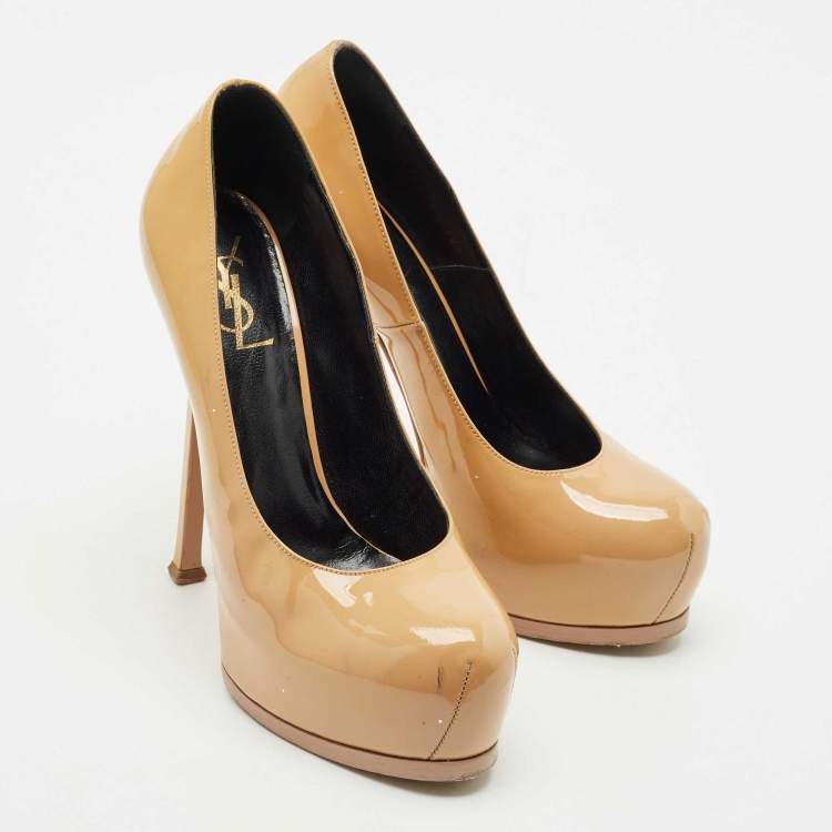 Pre Owned Saint Laurent Beige Patent Leather Tribtoo Platform Pumps Size 38.5
