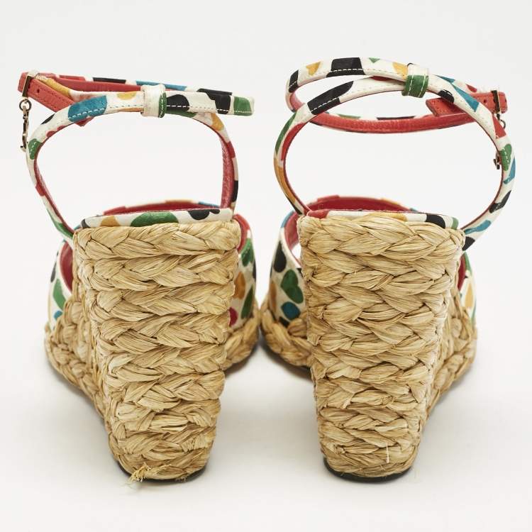 Pre Owned Saint Laurent Multicolor Fabric Raffia Wedge Sandals Size 37