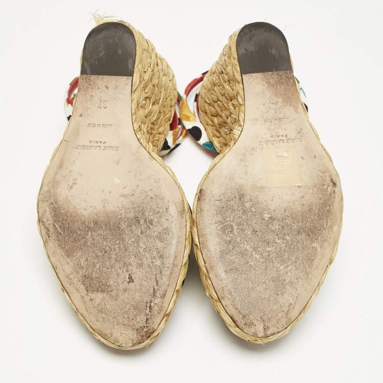 Pre Owned Saint Laurent Multicolor Fabric Raffia Wedge Sandals Size 37