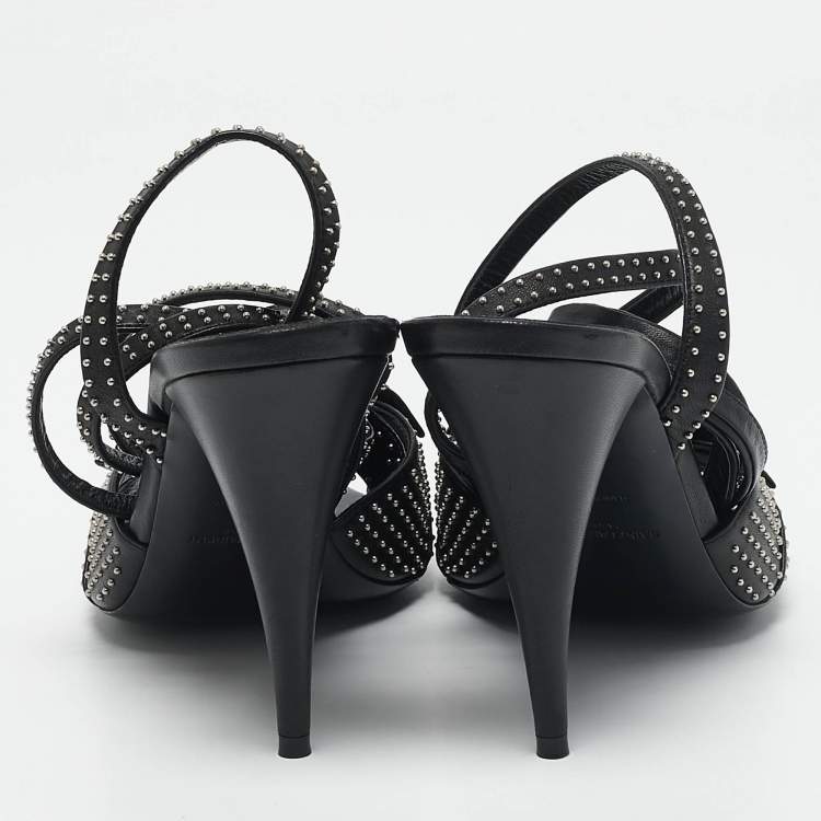 Pre Owned Saint Laurent Black Leather Pearls Embellished Ankle Wrap Sandals Size 40